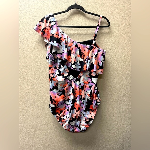 Time and Tru Floral One Piece Swimsuit - Black, Pink, Orange size XL - Picture 2 of 6